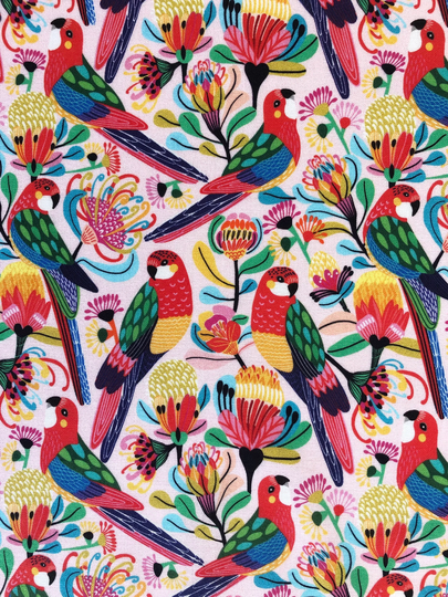 Australian Rosella Bird Floral Paradise Pink Quilting Cotton Fabric By 1/2 Yard Or Fat Quarter