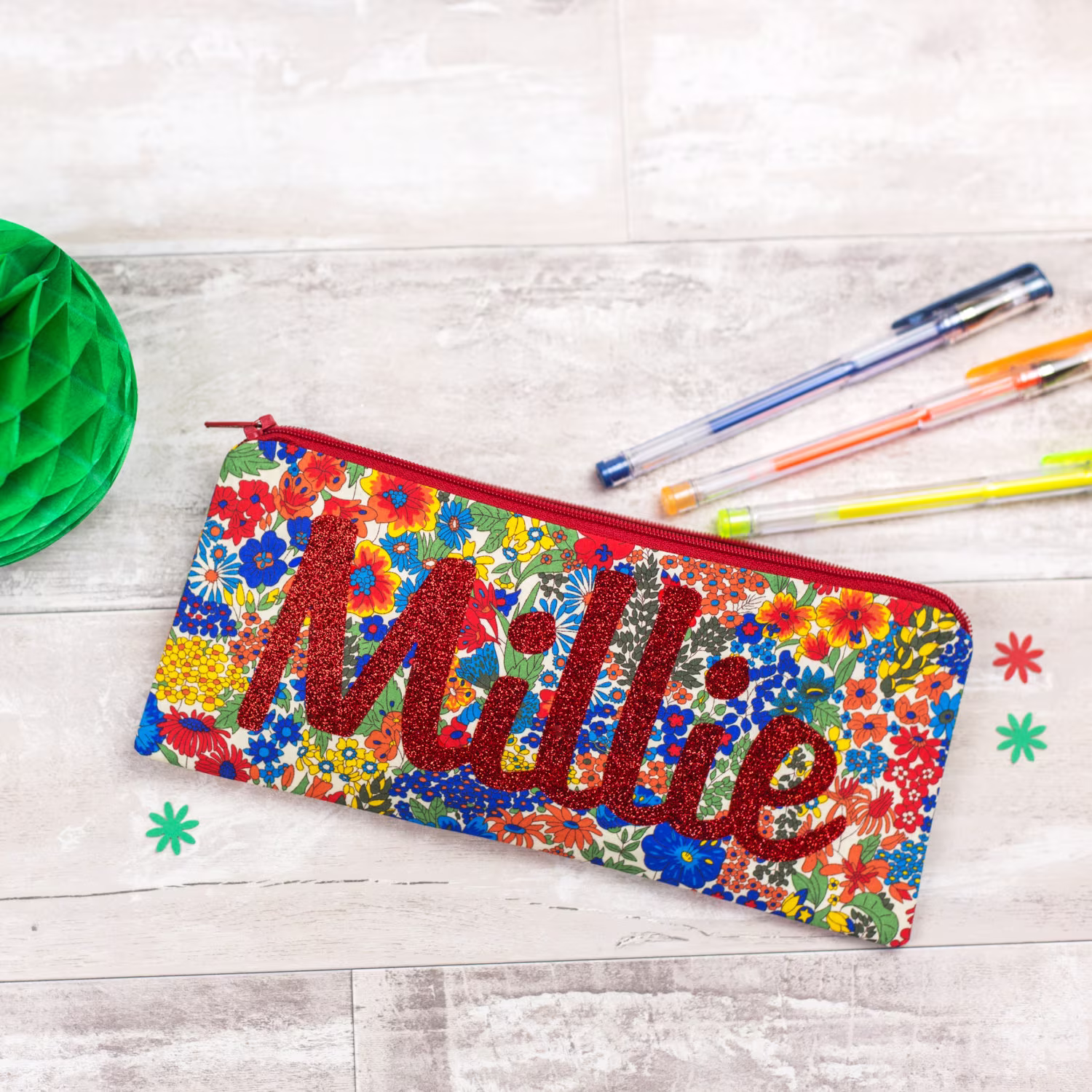 Name Pencil Case - Personalised Liberty Glitter Zip Pouch School Supplies Stationery Red Floral Personalized Gift For Friend