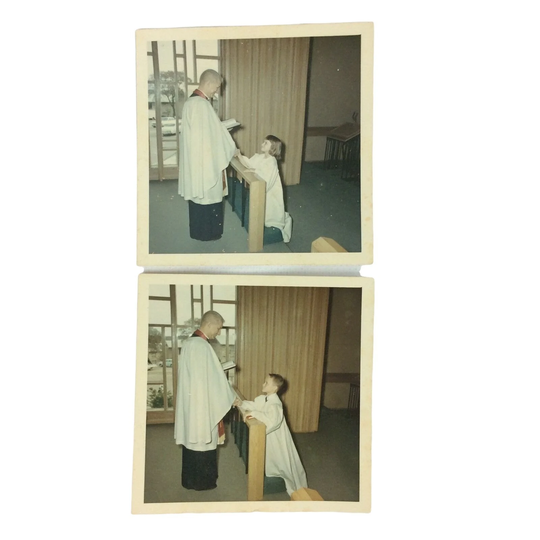 First Communion 2 Color Photos Boy Girl Pastor Altar Prayer Religion Vtg 70S