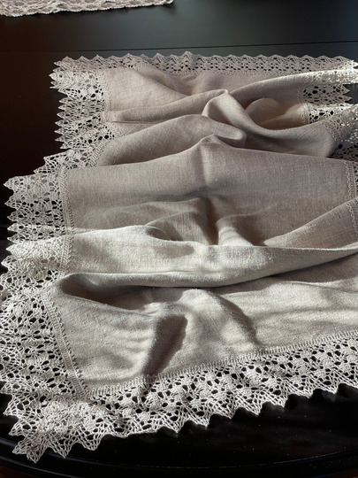 Rustic Linen Table Runner Grey Runners Vintage Stonewashed Farmhouse 4 Sided Natural Grey Floral Lace