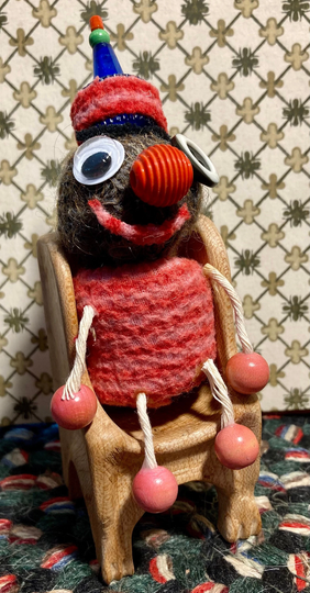 Jakey in His Hand-Carved Wooden Chair - Original Handmade Mini Plush Folk Outsider Art Doll By Sara Pulver