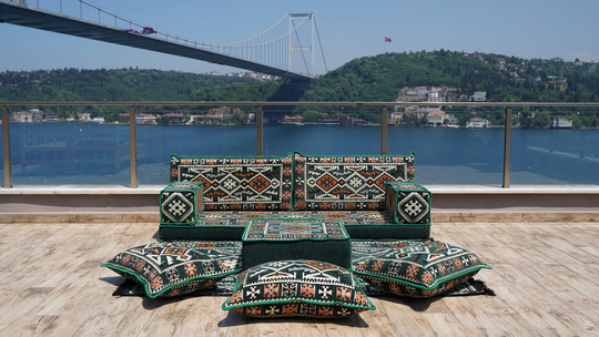 Green Arabic Floor Sofa Seating, Majlis, Moroccan Livingroom Couch, Turkish Sofas, Ethnic Cushions, Terrace Garden Couches