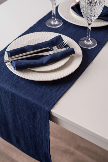 Navy Blue Linen Table Runner. Softened Rustic Wedding Kitchen Natural Decor
