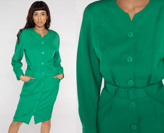 Green Wool Dress Shirt Midi 80S Long Sleeve Secretary Shirtdress Pencil Wiggle Button Up High Waisted 1980S Vintage Plain Small S