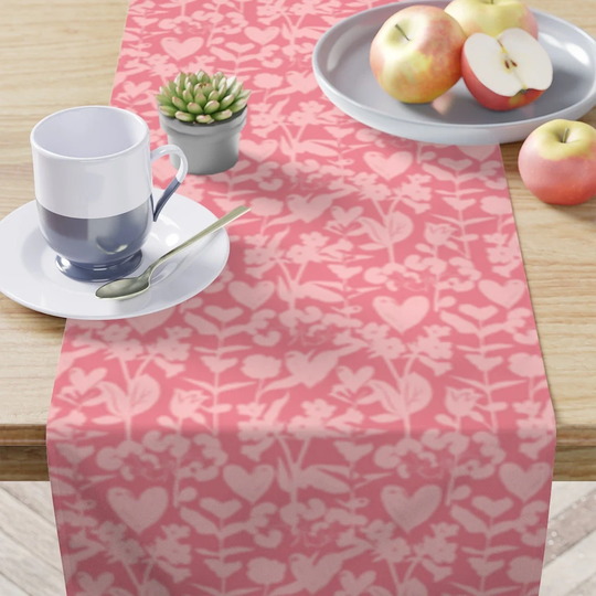 Table Runner in Pink Floral Hearts Dining Decor For Valentine's & Galentine's Entertaining, Housewarming Tabletop 16"x 90" In