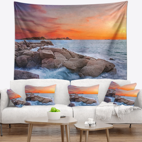Designart 'Colorful Sunset at Rocky Seaside' Seashore Wall Wall Tapestry