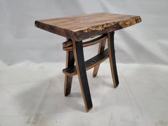 Live Edge Burnt Hickory End Table With Whiskey Barrel Stave Legs & Shelf, Free Shipping, Made in The Usa