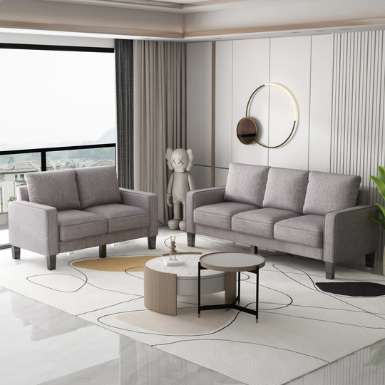 2 Pieces Sofa Set Polyester Upholstered Living Room Sofa, Loveseat and 3 Seats Couch with Storage Design & Removable Cushions