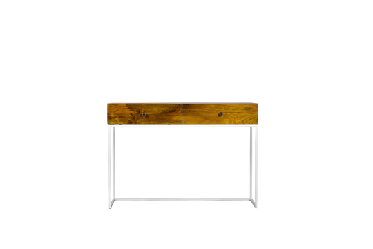 Rectangular Table| With A Bark Wooden & Black Powder Coat| Metal Finish| 2 Drawers| Brown Surface| Solid Wood| Thin Legs| 43.3x19.6x30Inch