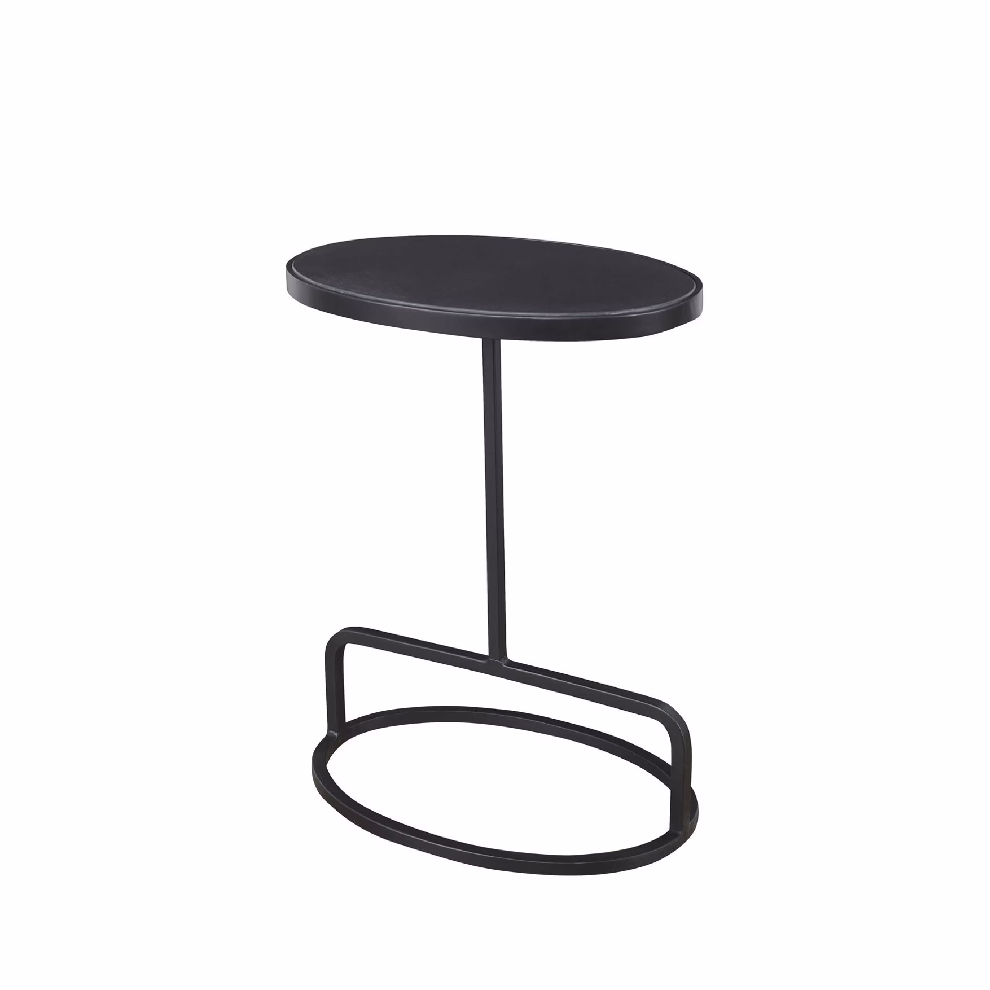 Hand Crafted End Table Inset Oval-Shaped Honed White Marble Top Forged Iron Base