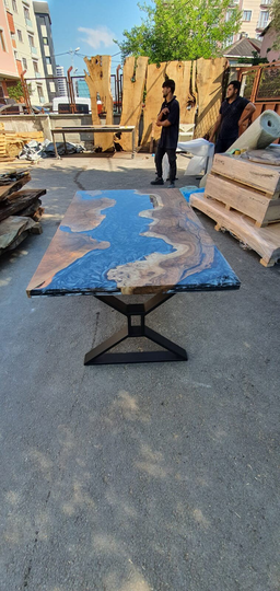 Epoxy Marble Table, Custom 60" X 36" Walnut Gray River Live Edge Order For Akilah