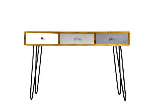 Console Table| Mango Wood &metal| 3 Drawer| Natural Oak/Pickle Gray| Black Powder Coat| Solid Wood| Thin Black Legs| Rectangular| 45x21x30