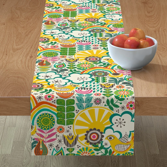 Retro Folk Art Table Runner - Basker Birds By Kaiparker Bright Large Scale Maximalist Cotton Sateen Spoonflower