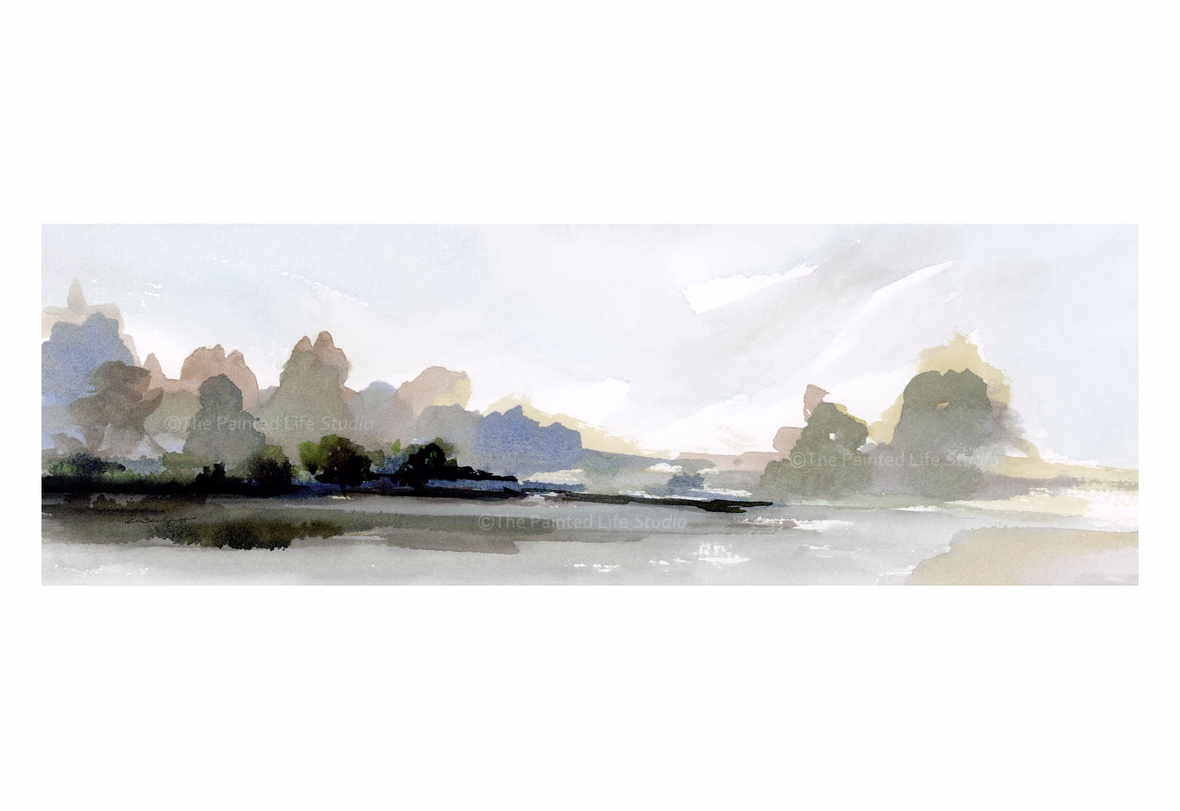 Neutral Colors Panoramic Landscape Print, Distant Trees in Subdued Muted Colors, Panorama Wall Art Print Of Original Watercolor Painting