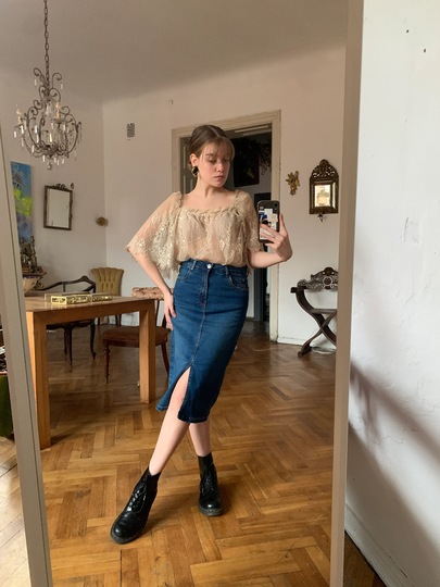 Vintage Blue Denim Midi Skirt, Pencil Skirt