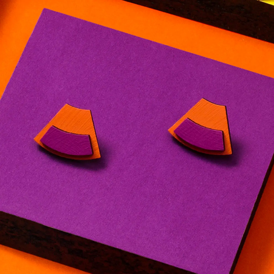 Colorful Stud Earrings | Statement Colorblock Wooden Bright Colors Orange Purple Funky Retro Studs