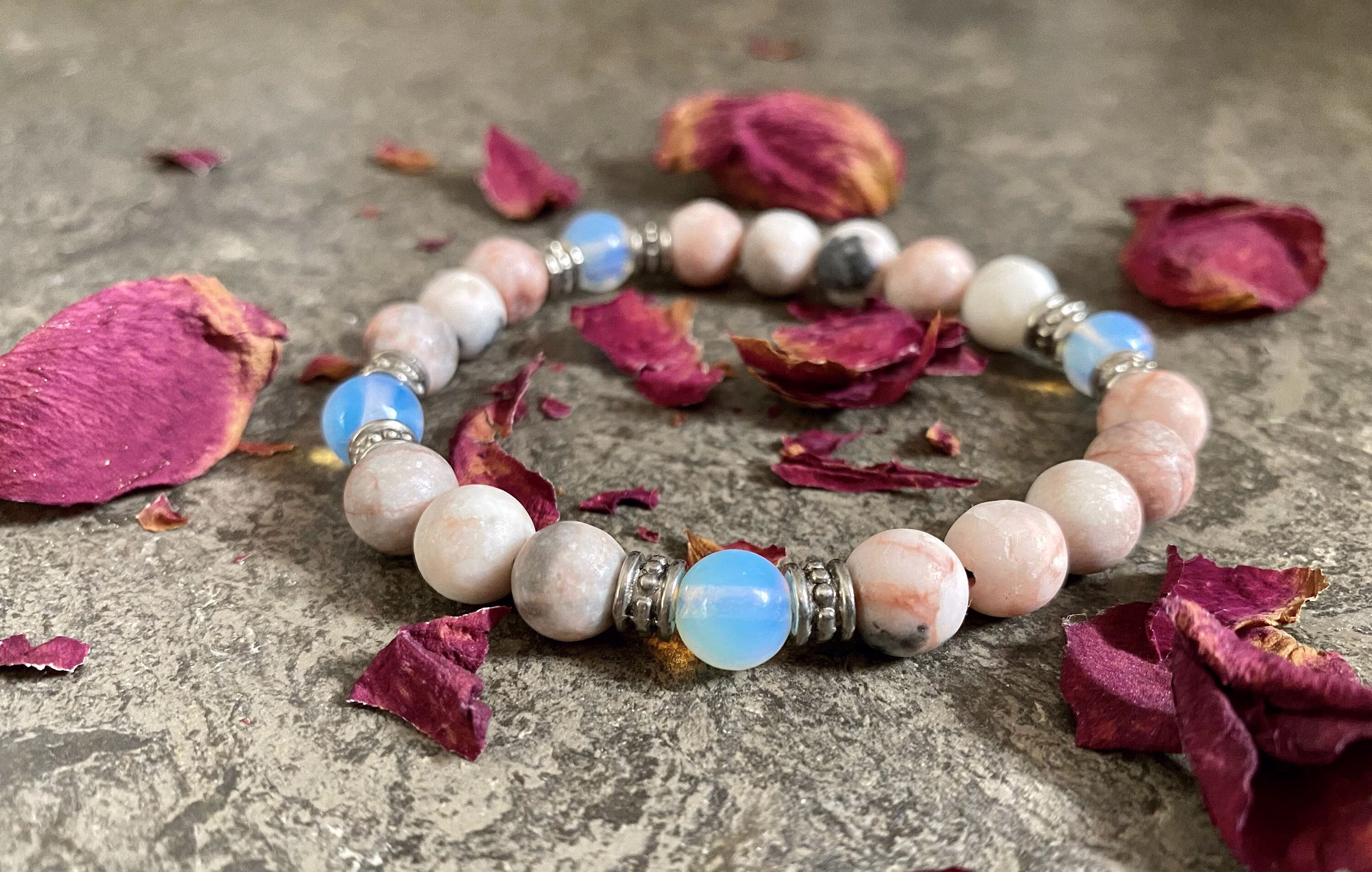 Pink Zebra Jasper Contentment Bracelet, Aromatherapy Opalite Gemstone Jewelry, Healing Bracelet, Meditation Tool, Gift