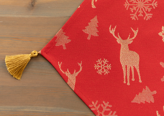 Christmas Deer Table Runner With Gold Tassels, Festive Golden Woven & Snowflakes On Red Background, Gift For Mom, Her