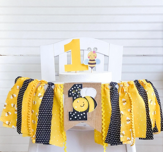 Honey Bee Birthday High Chair Tutu, Fabric Banner, Cake Topper, 1st Smash