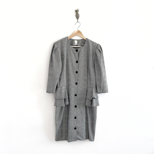 Vintage Etam Peplum Pencil Dress in Black White Check // Smart Office Houndstooth Midi Large