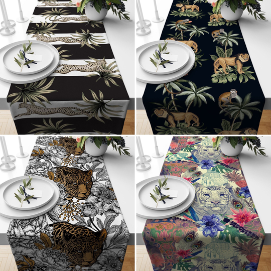 Animals Table Runner, Black & White Kitchen Runners, Safari Nature Tablecloths, Digital Art Decor, Housewarming Gifts