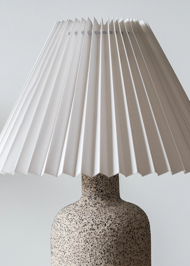 Minimalist Ceramic Table Lamp, Pleated White Lampshade & Grey Raw Matt Base