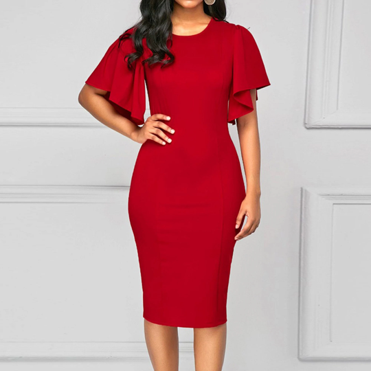 Casual Short Sleeve Solid Color Elegant Career Party Bodycon Ruffle Pencil Dress