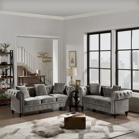 2 Pieces Sofa Set,Velvet Upholstered Low Back Loveseat & 3 Seat Sofa Roll Arm Classic with 5 Pillows and Wooden Legs