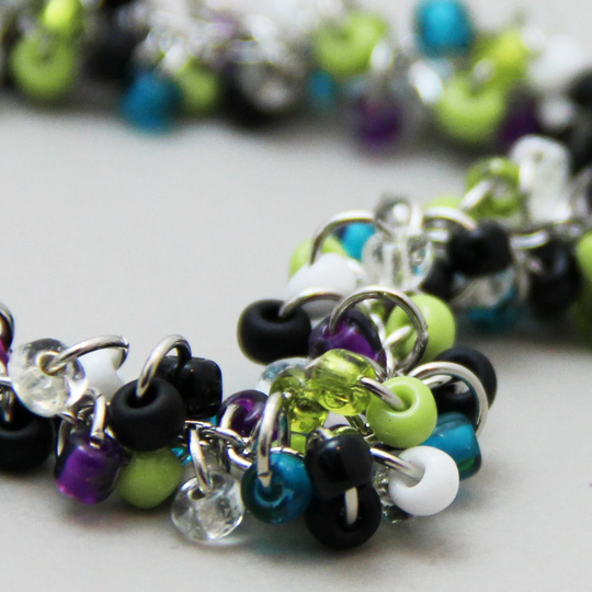 Lively Colorful Cluster Bracelet - Teal Blue Lime Green Purple Black White Beaded Silver Fun Multi Color
