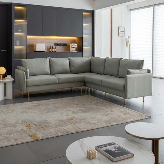 L-shaped Corner Sectional Sofa Modern Comfortable Technical Leather Upholstered Sofa, Humanized Backrest Design with Metal Legs