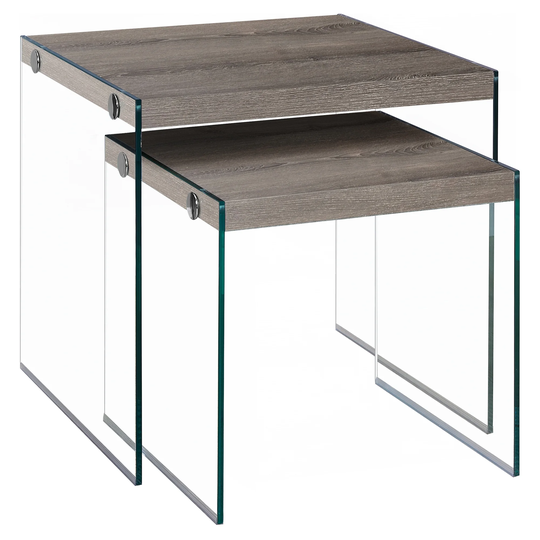 Set of 2 Clear and Brown Contemporary Square Nesting Tables 19.75"