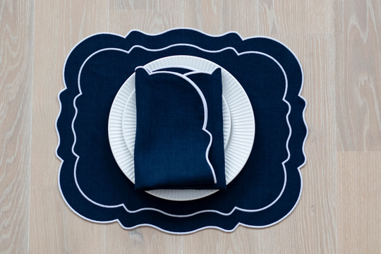 Navy Linen Scalloped Table Mats With Double White Trim For Decor 15x18'' Size Blue Placemats
