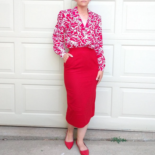 Red Pencil Skirt Wool High Waisted 1980's 80's S | B1