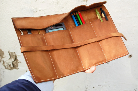 Personalized Leather Pencil Case Wrap, Tool Bag Roll, Pencil Organizer, Tool Organizer, Makeup Case, Sand Crazy Horse