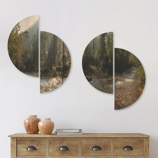 Designart 'Mountain River Panorama' Landscape Wood Wall Art Set of 4 Half Circles - Multi-Color