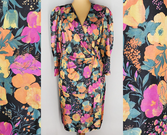 Vintage Floral Two Piece Set, Silk Wrap Blouse With Puffy Shoulders & Pencil Skirt