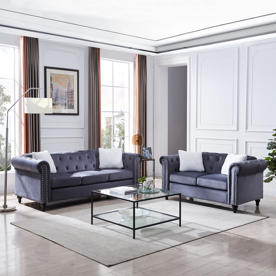 2 Pcs Living Room Sofa Set, 3-Seat Sofa and Loveseat, with Button and Copper Nail on Arms and Back, 4 Villose Pillow Included