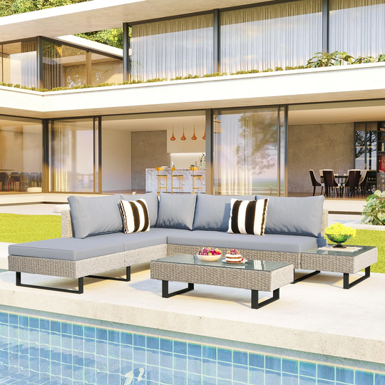 3-piece Outdoor Wicker Sofa Patio Furniture Set, L-shaped Corner Sofa, Water And UV Protected, Two Glass Table