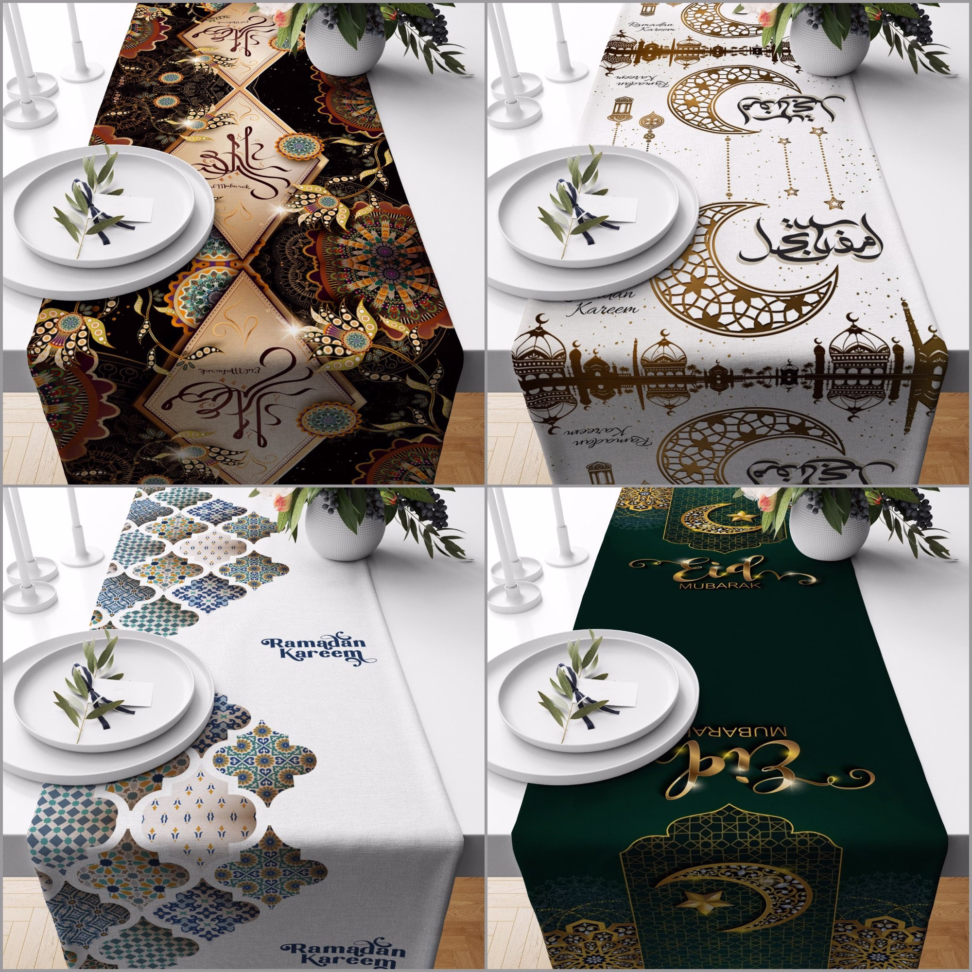 Islamic Table Runner|Eid Mubarak Decor|Ramadan Kareem Tablecloth|Ramadan Home Decor|White Gold Mystic Tabletop|Religious Motif Runner