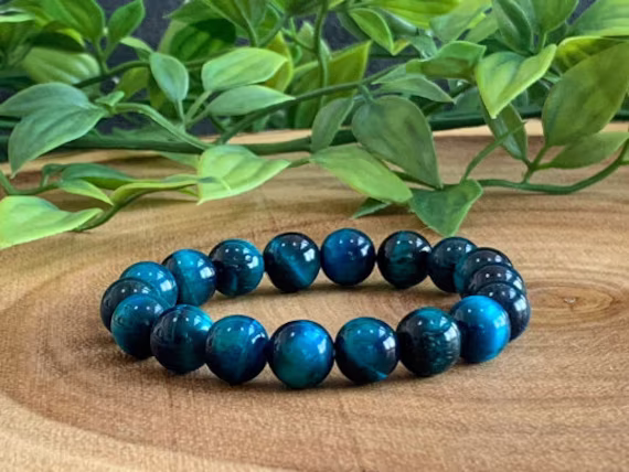 Blue Tiger's Eye Bracelet, Stretch Large 10mm Beads | Color-Enhanced, Protection Natural Bead Bracelet