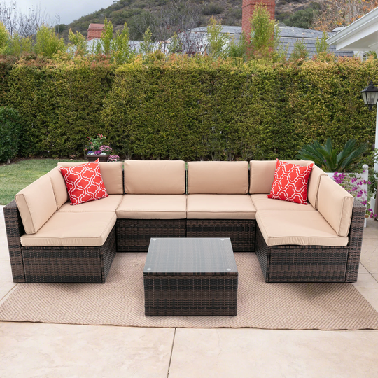 7pcs Outdoor Garden Patio PE Rattan Wicker Sectional Sofa Sets, Modular Design Cushioned Sofa with 2 Pillows and Coffee Table