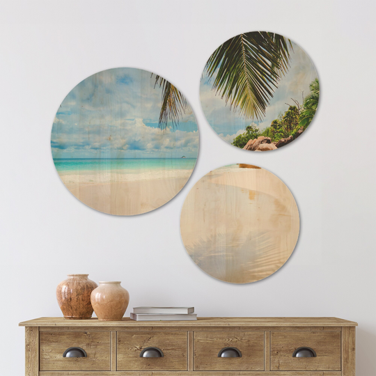 Designart 'Summer Beach with Palm Leaves' Modern Seascape Wood Wall Art Set of 3 Circles - Multi-Color