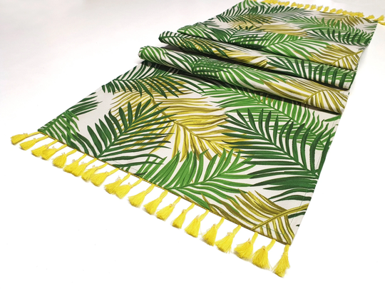 Palm Leaves Table Runner - Tropical Runner, Centerpiece With Yellow Tassels, Coastal Home Decor, Wedding
