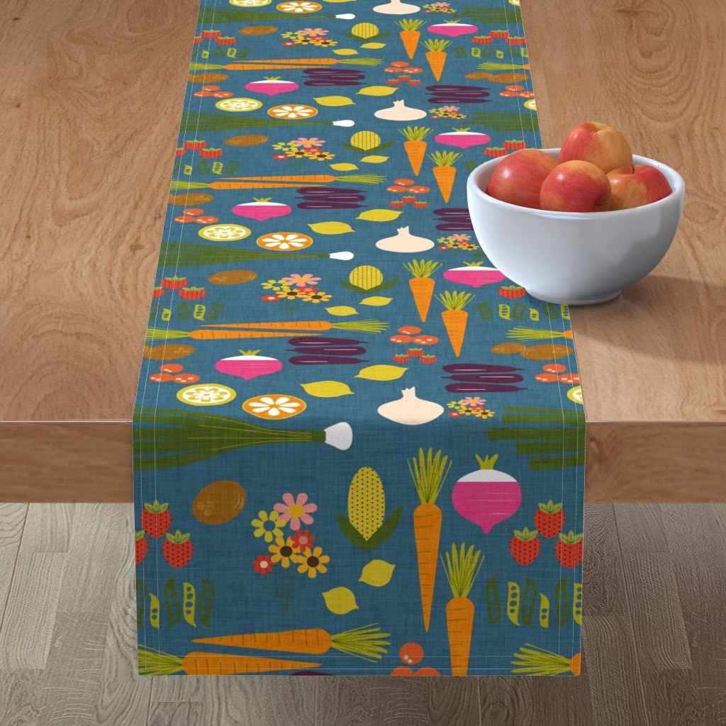 Mod Garden Table Runner - Vegetable Herb By Bruxamagica Dark Slate Blue Midcentury Modern Cotton Sateen Spoonflower
