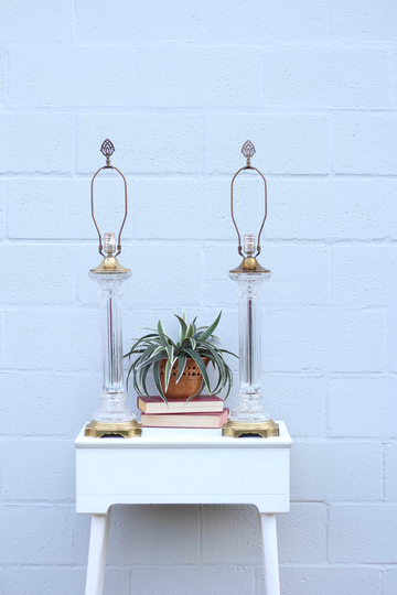 A Pair Of Vintage Brass & Glass Table Lamps/Hollywood Regency Crystal Cut Lamps Lighting Home Decoration