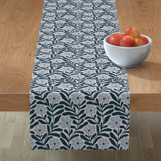 Minimal Floral Table Runner - Muted Modern Flowers By Capricorn-Ds Scandi Style Blue Gray Retro Cotton Sateen Spoonflower