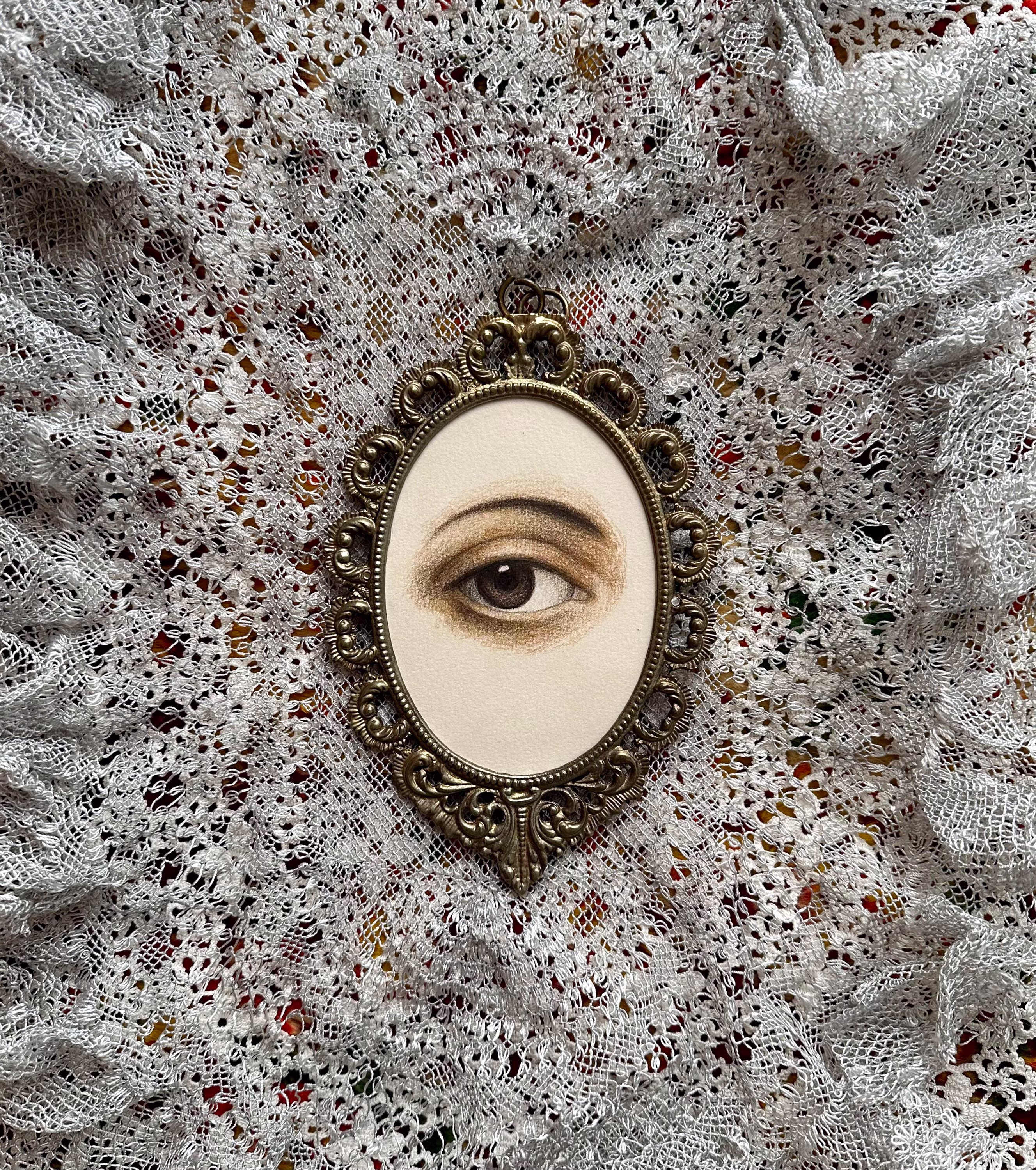 Original Painting Small Lovers Eye Colored Pencil Drawing Vintage Ornate Brass Framed Wall Art Print Victorian Gothic Home Decor Unique Gift