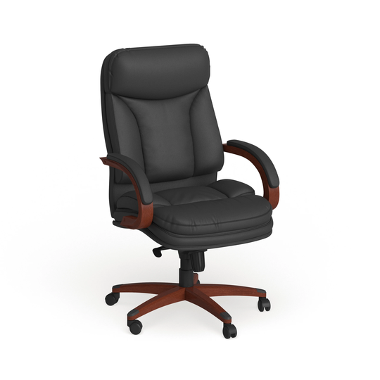 High Back LeatherSoft Chair w/Synchro-Tilt Mechanism, Mahogany Wood Base