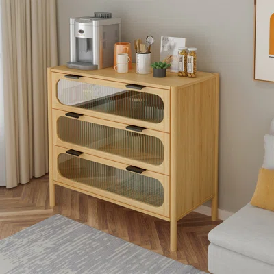 Bamboo Accent Storage Cabinet with 3 Drawers, Buffet Sideboard Cabinet with Translucent Drawers