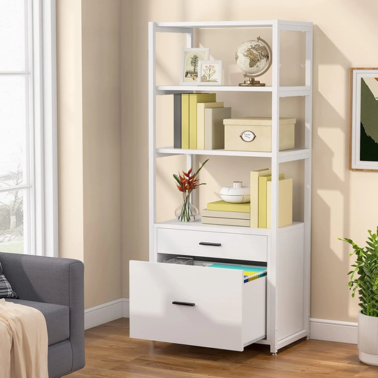 Bookcase Bookshelf with File Drawers, Vertical File Cabinet with 2 Drawers